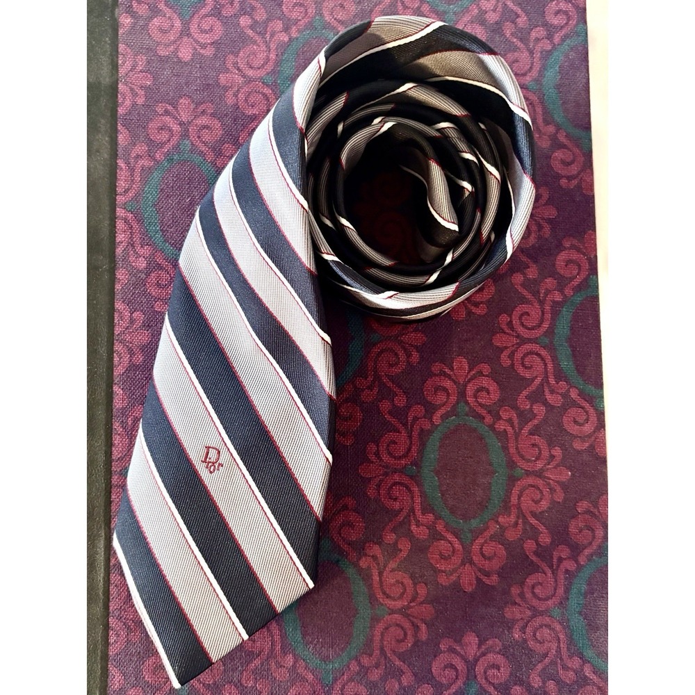 Vintage Christian Dior Paris New York Silk Tie Black Gray Red Stripe Logo EUC